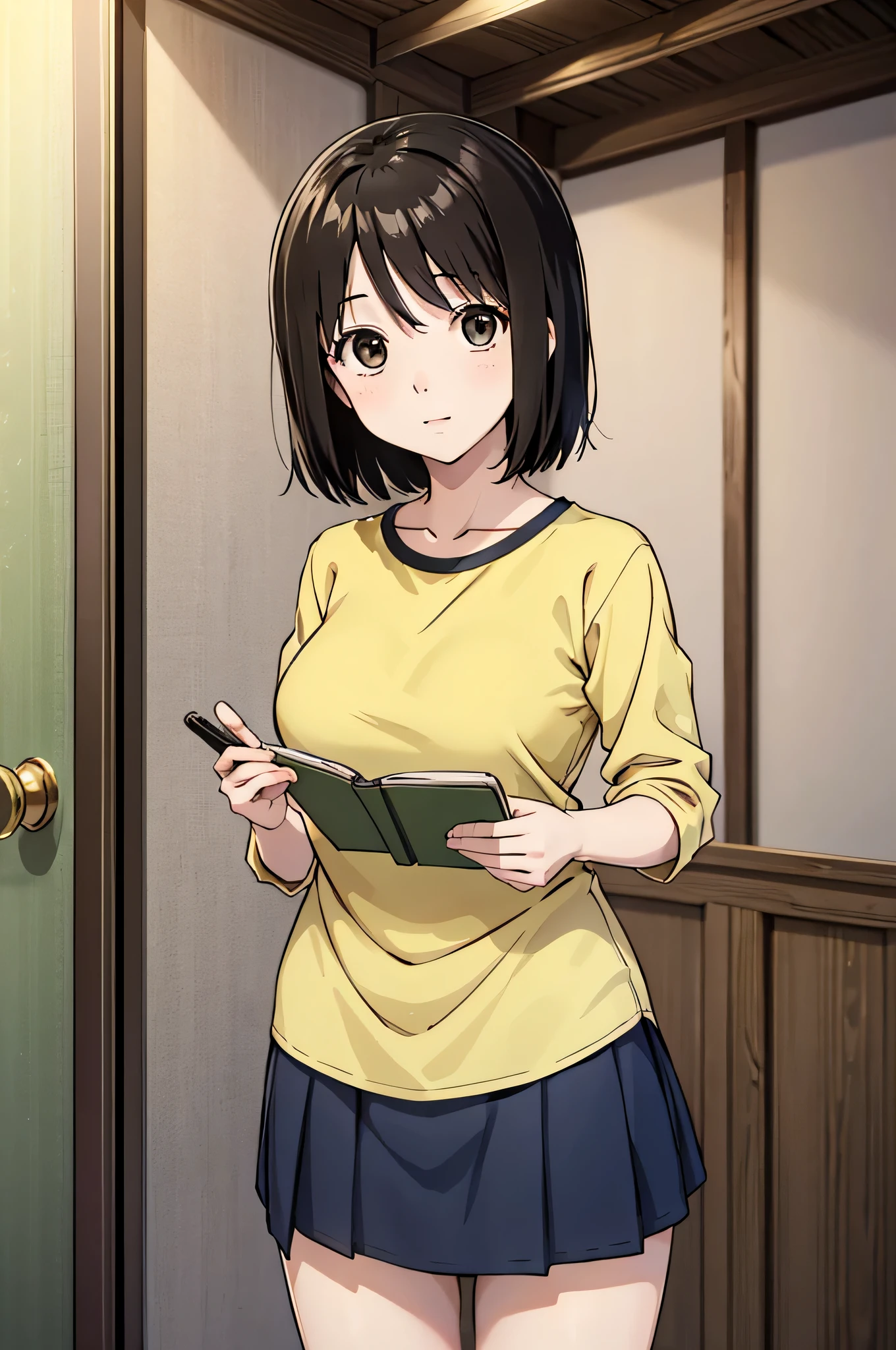 highest quality、High resolution、masterpiece、nakahara_misaki, ((two-tone shirt)), mini skirt,entrance、Upper body、indoor、plump appearance、両手でnotebookを持つ、show viewer、notebook