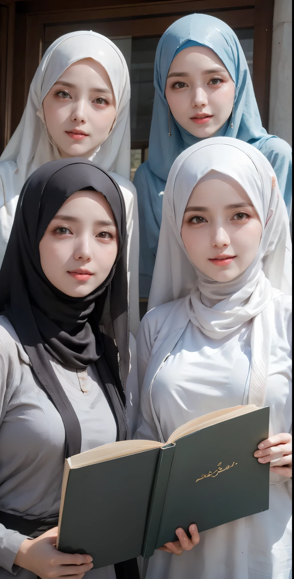 masutepiece, Best Quality, Illustration, Ultra-detailed, finely detail, hight resolution, 8K Wallpaper, Perfect dynamic composition, Multiple people,hijab, smile lips, (3 girls taking photos), Girls holding book muslim big, Beautiful detailed eyes, Natural Lip, Wear hijab moslem, Muslim gamis clothing, fancy jubba thobbe, photo full body, (close-up photo), view of the blue sky, close-up photo, Girls holding book muslim big, show your big tits, people hijab, all the girls were holding big book muslim
