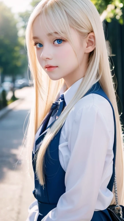 Portrait、school uniform、shy and bright look、ponytail、Young, shiny, white and bright skin、best beauty、The reflected light of blonde hair changes depending on the light source、super long hair、Platinum blonde hair with dazzling highlights、Shiny and bright blonde hair、super long silky straight hair、small face beauty、Shining beautiful bangs、Very beautiful, shining, clear, big light blue eyes、very big eyes、very beautiful lovely cute 16 year old girl、rich bust、round face