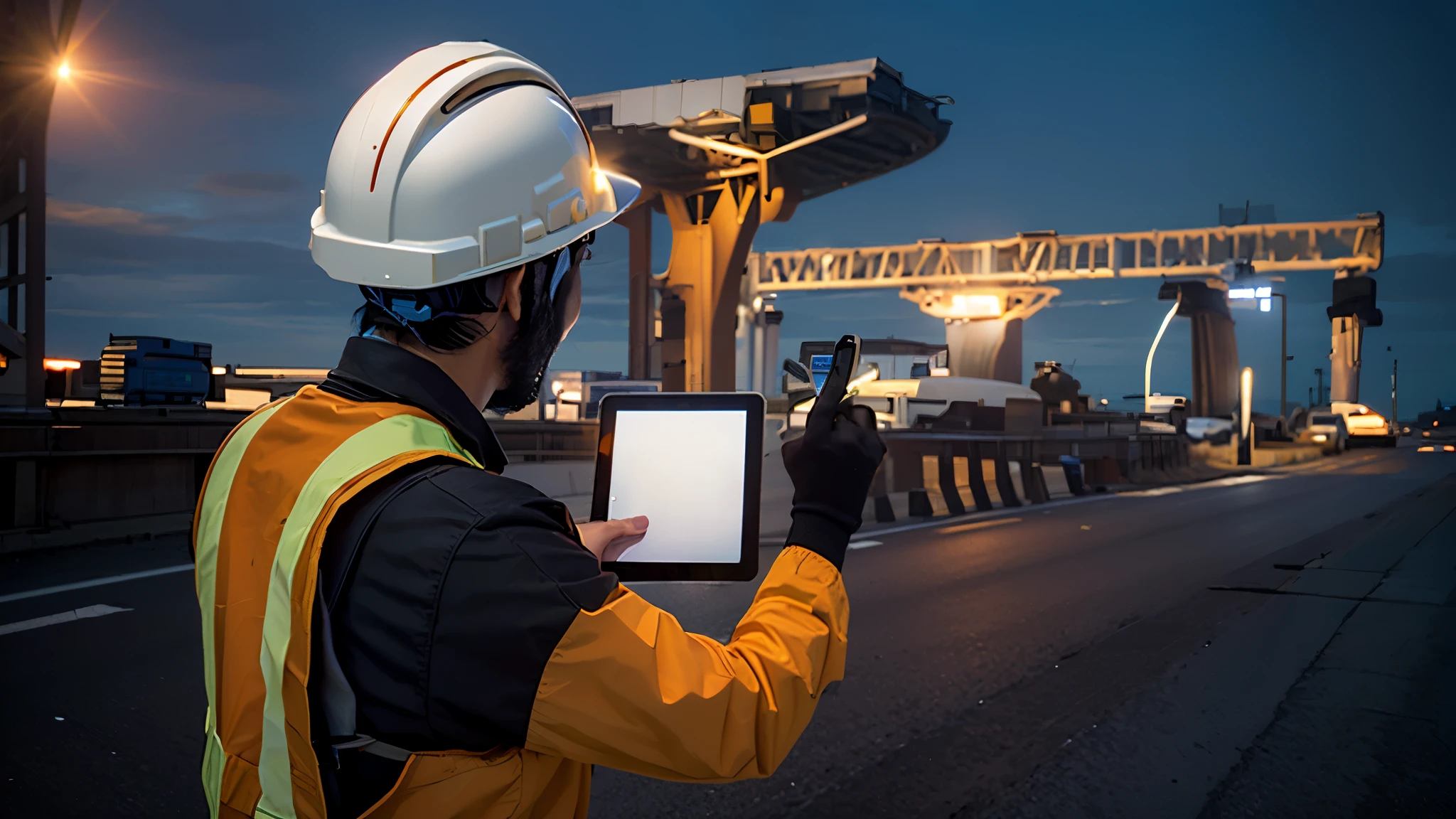 arafed construction worker using tablet computer on roadway with bridge in background, civil engineer, infrastructure, construction, advanced technology, accurate and detailed, technology, inspect in inventory image, portrait shot, detailed surroundings, illustration, technologies, engineer, information, épaule devant pose, professional image, a super-smart, photo still, where a large, skilled