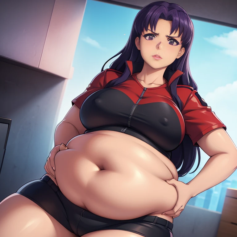 art by kipteitei, 1girl, dark purple hair, misato katsuragi from the anime evangelion, (((big plump belly))), huge belly,pretty face, nose, lips, beautiful eyes, highest quality, masterpiece, 4k, sharp focus), professional photograph, sharp focus, dramatic, award winning, cinematic lighting, octane render, unreal engine, volumetrics dtx,