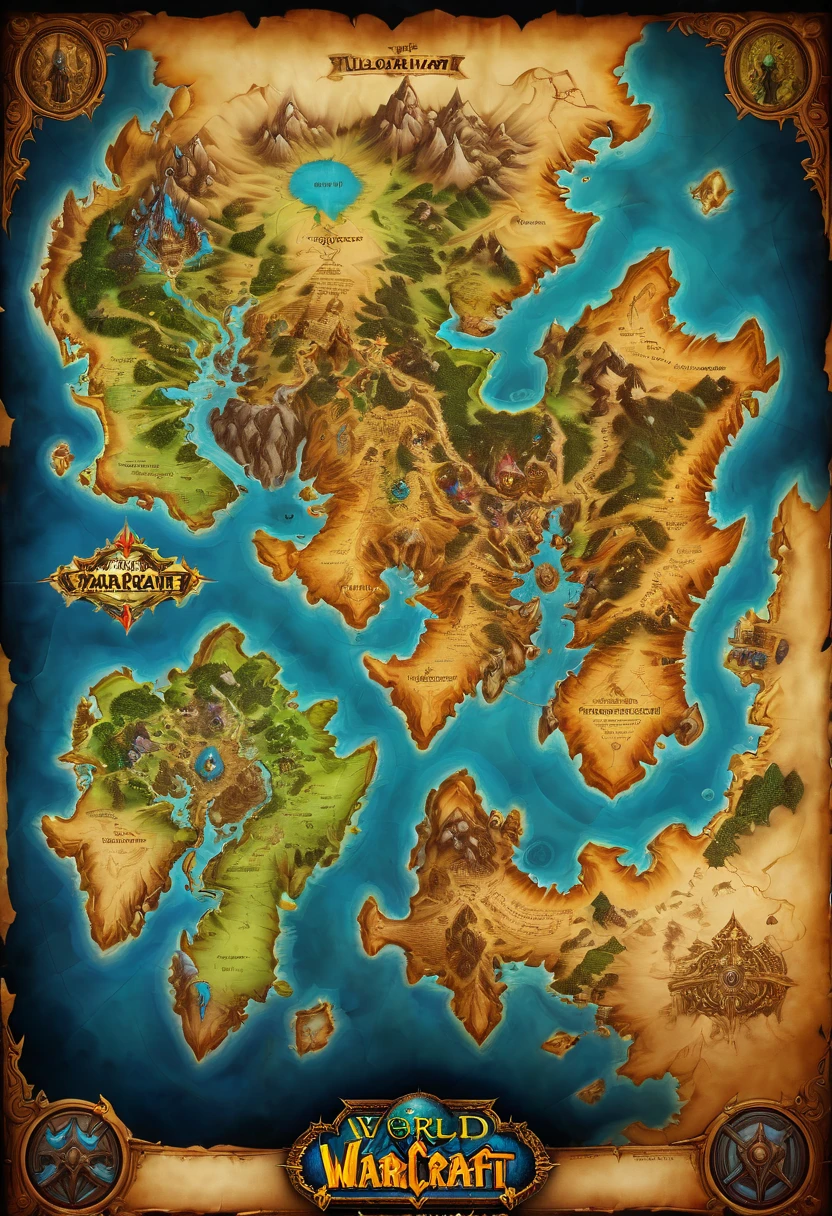 a Map of "World of Warcraft", by Leonardo, parchment, fantasy art, panoramic, Ultra high saturation, (best quality, masterpiece, Representative work, official art, Professional, 8k)