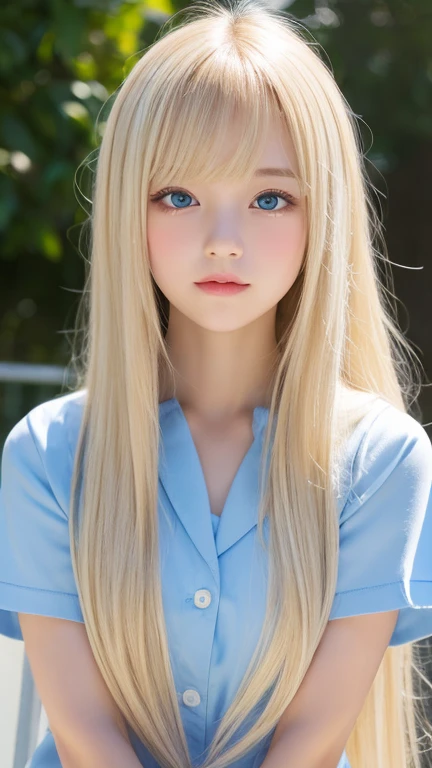 Portrait、school uniform、shy and bright look、ponytail、Young, shiny, white and bright skin、best beauty、The reflected light of blonde hair changes depending on the light source、super long hair、Platinum blonde hair with dazzling highlights、Shiny and bright blonde hair、super long silky straight hair、small face beauty、Shining beautiful bangs、Very beautiful, shining, clear, big light blue eyes、very big eyes、very beautiful lovely cute 16 year old girl、rich bust、round face
