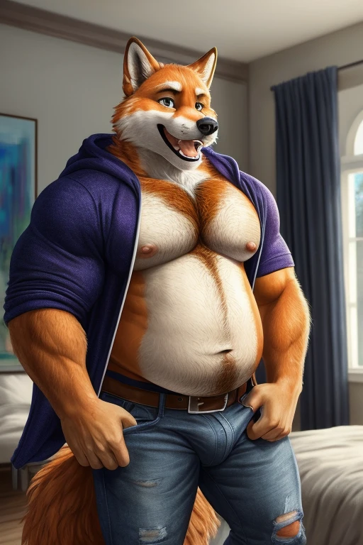 vibrant colors, line art, wearing hoodie, stripe pattern, ((detailed room)), indoors, masterpiece, best quality, ultra detailed, 8k, digital painting \(artwork\), POV, close-up, ultra detailed, sharp, focus, male, anthro, Orange Fox, furry, standing, slightly opened mouth, canine teeth, excited expression, facing viewer, slightly chubby, musclegut, muscular arms, attractive, sexy, hairy, hot, detailed fur, orange and white fur, detailed hands, detailed eyes, detailed face, abs, six pack, pecs, wearing pants, black belt, denim jeans, ripped, bulge, detailed crotch