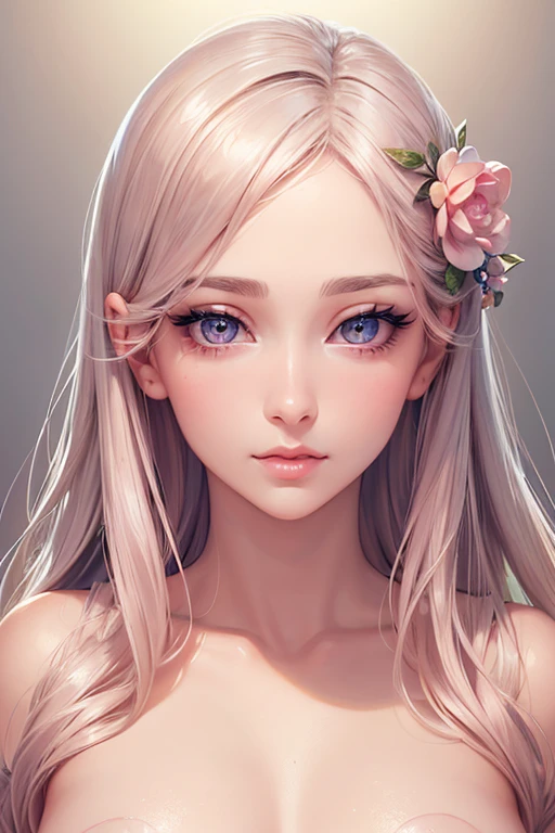 (front view,beautiful detailed eyes,beautiful detailed lips,extremely detailed eyes and face,long eyelashes),(realistic,photorealistic,photo-realistic),delicate collarbone,double eyelids,intelligent peach blossom eyes,small nose,pink lips,oval face,closed face,in the center,radiating charisma,naked