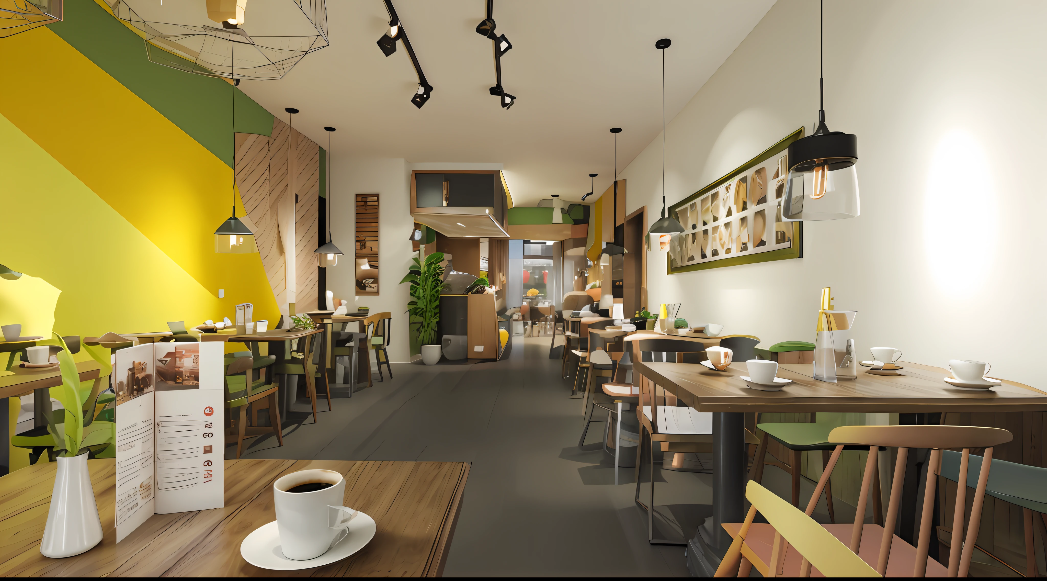 There is a coffee cup on the restaurant table, Cafe interior, Highly realistic 3D rendering, 3D view rendering, artistic rendering, photographic render, highly photographic render, CG rendering, restaurant interior photography, bright atmosphere, Photorealistic 3D rendering, Photorealistic 3D rendering, Highly detailed 3D rendering, Highly detailed 3D rendering, Cafe