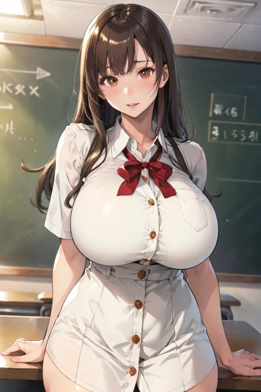 loose school uniform is sheer, button gap,red white gold uniform,(button gap:1.5), white skirt, white top, red ribbon, golden buttons, golden shoulder pats, young adult, 19 years, brown long hair, brown eyes, beautiful brown eyes, big breast, striking body curves, horny smile, pink lips, girl, cute pose, masterpiece, classroom background, school