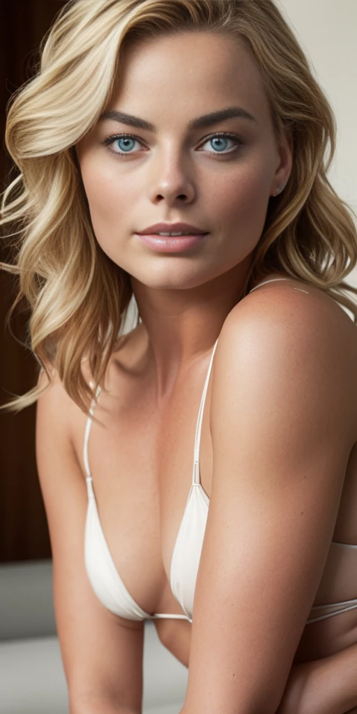 Use Realistic Vision 2 to generate photorealistic images of Margot Robbie.0 Model. Ensure that the image quality is high and as realistic as possible. Use Margot Robbie's reference image to help create the image.Pink lingerie