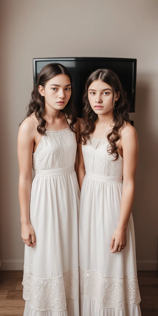 two women in dresses standing next to each other in front of a tv, pov, two girls, annoying sister vibes, lesbians, cute girls, gen z, looking this way, pov shot, two models in the frame, sisters, hd, they are very serious, lesbian, multiple, 2 sisters look into the mirror, serious faces, photo shoot