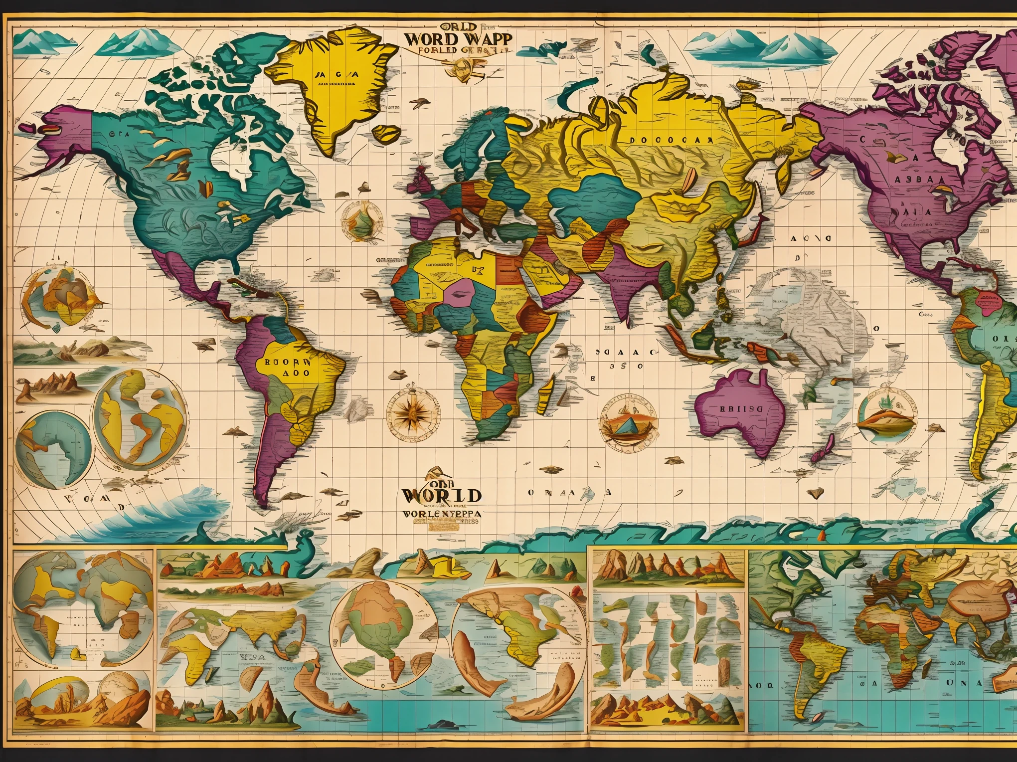 world map, Detailed map, brightly colored, Precise positional relationship, authentic aesthetics, highest quality, High resolution,