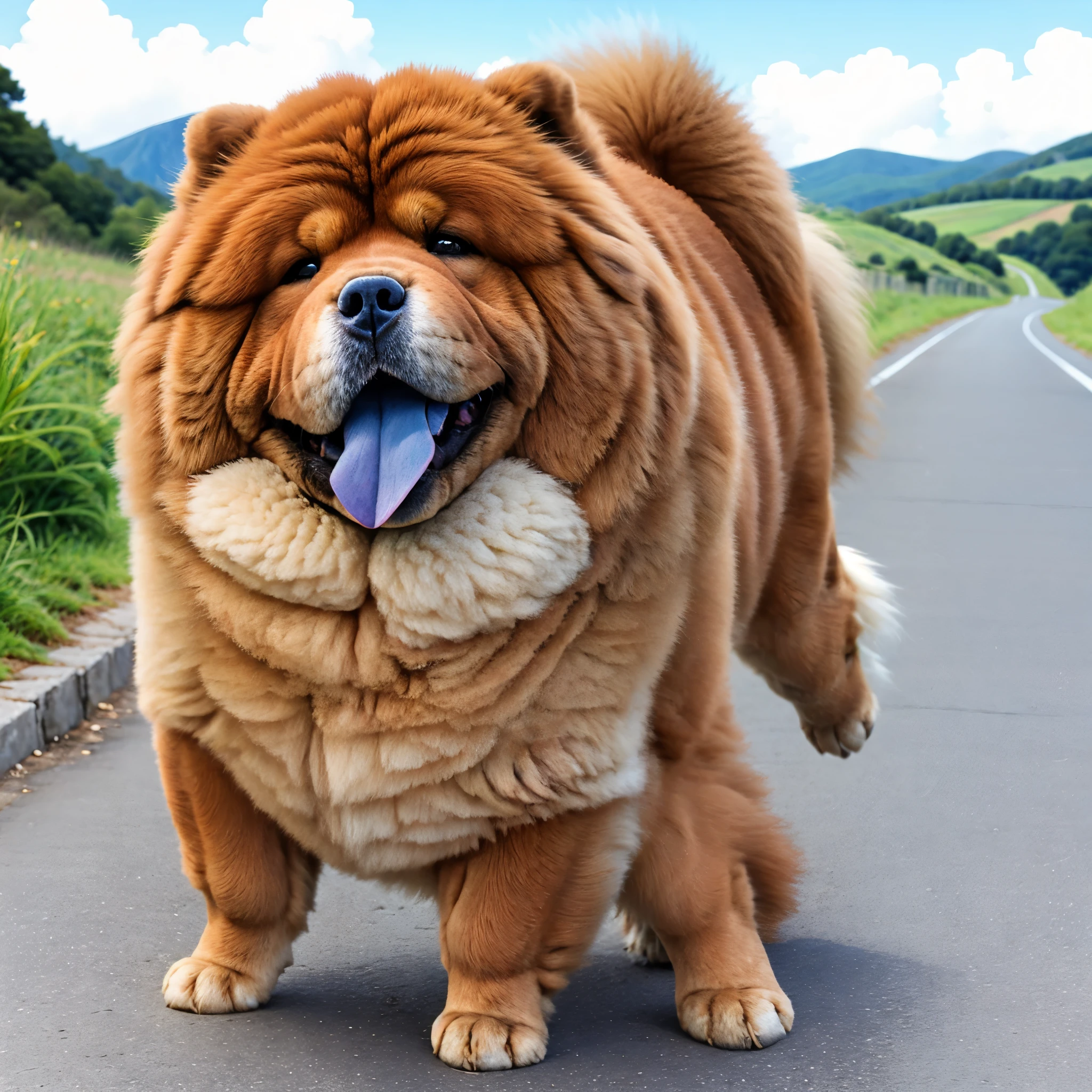 dog, chowchow, blue tongue, full body, blue sky, road