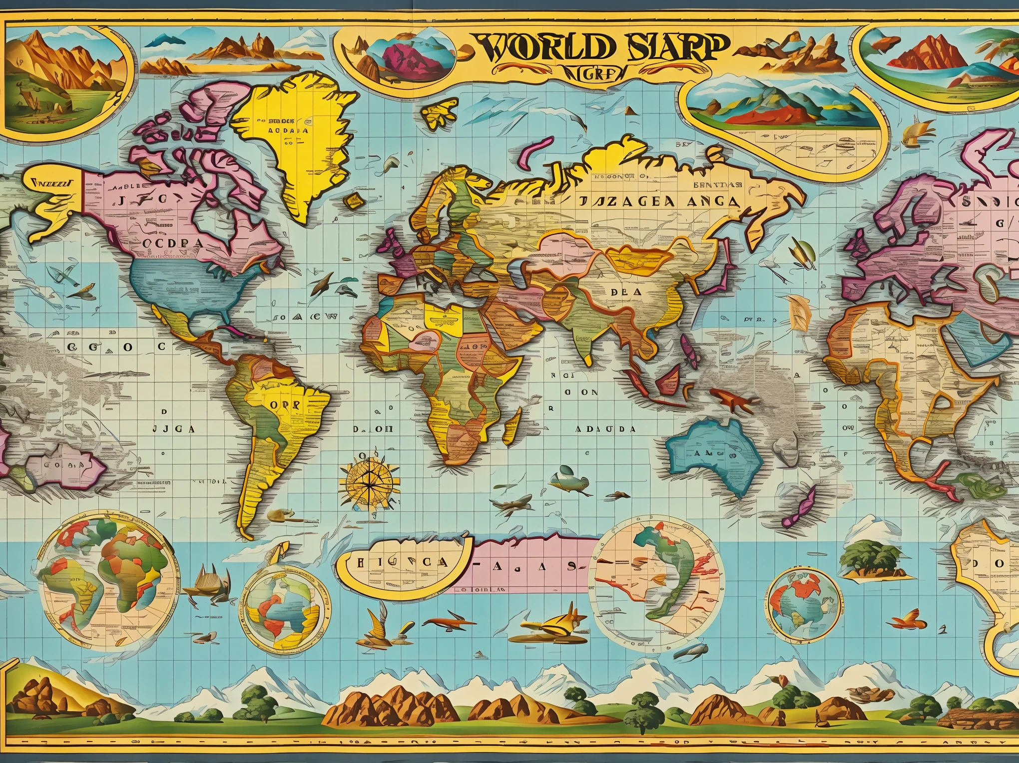 world map, Detailed map, brightly colored, Precise positional relationship, authentic aesthetics, highest quality, High resolution,