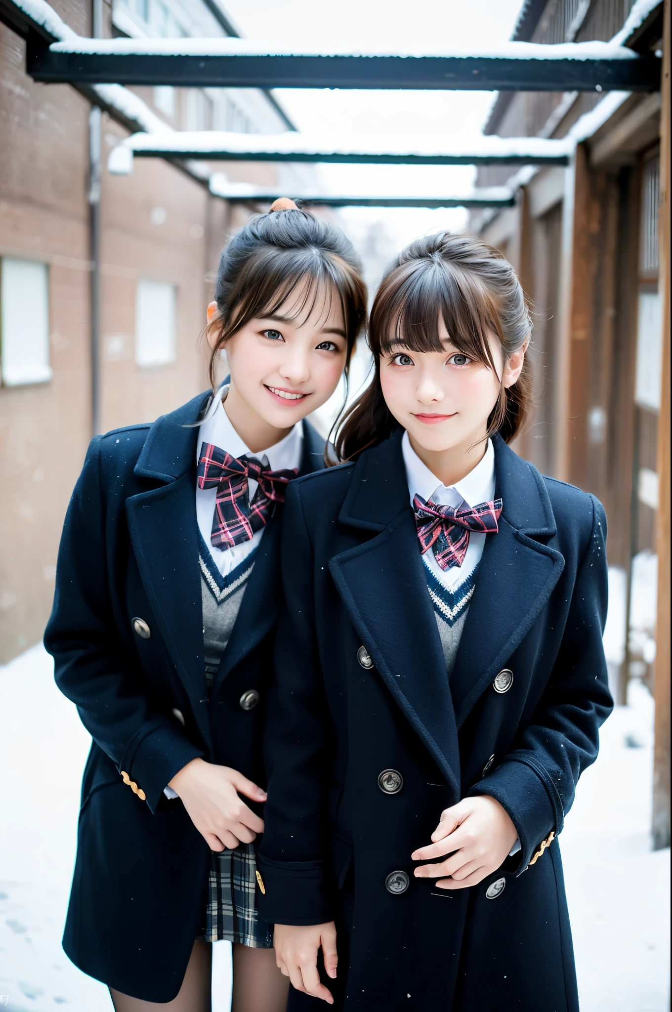 2 girls standing in snowy school yard,navy blue overcoat,plaid bow tie,18-year-old,bangs,a little smile,thighs,knees,short cut hair,low ponytail,from below,front-lighting