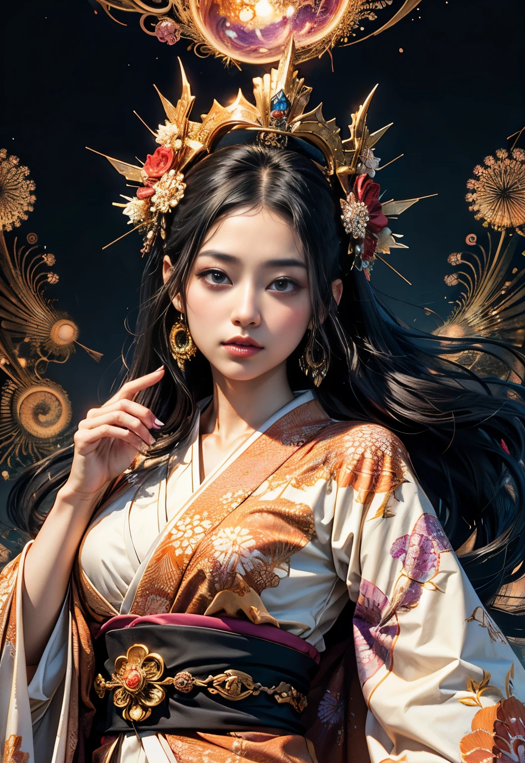 (highest qualityの, highest quality, Queen, beautiful and aesthetic:1.2), (1 female), Highly detailed dynamic gaze,(fractal art:1.3),I&#39;m wearing a Japanese kimono,best details, she has straight black hair and black eyes