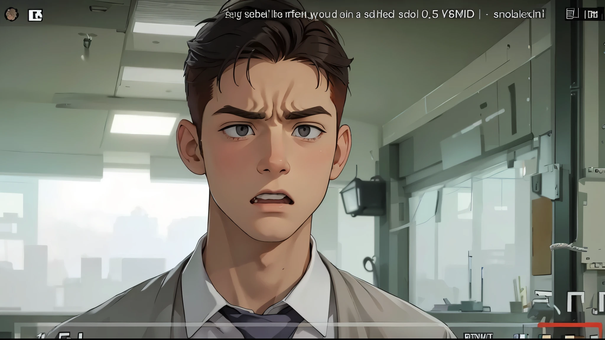 handsome young man of 15 years old orange hair gray eyes is a little upset a little angry speaking speaks 