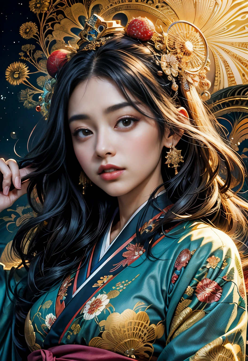 (highest qualityの, highest quality, Queen, beautiful and aesthetic:1.2), (1 female), Highly detailed dynamic gaze,(fractal art:1.3),Me wearing a Japanese kimono,best details, she has straight black hair and black eyes,japanese landscape
