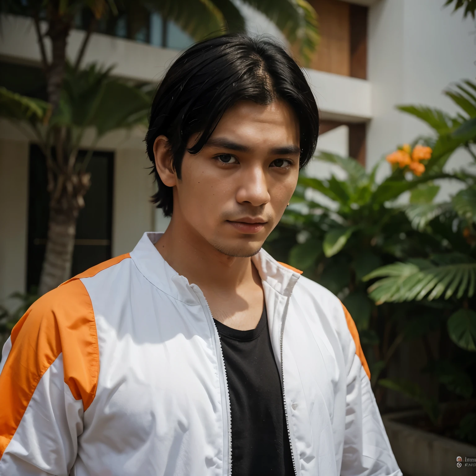 27 year old man, black hair, white skin, realistic, with contemporary orange clothes, Indonesian, 8k image, realistic human skin, original image