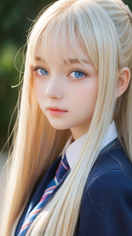 Portrait、school uniform、shy and bright look、ponytail、Young, shiny, white and bright skin、best beauty、The reflected light of blonde hair changes depending on the light source、super long hair、Platinum blonde hair with dazzling highlights、Shiny and bright blonde hair、super long silky straight hair、small face beauty、Shining beautiful bangs、Very beautiful, shining, clear, big light blue eyes、very big eyes、very beautiful lovely cute 16 year old girl、rich bust、round face