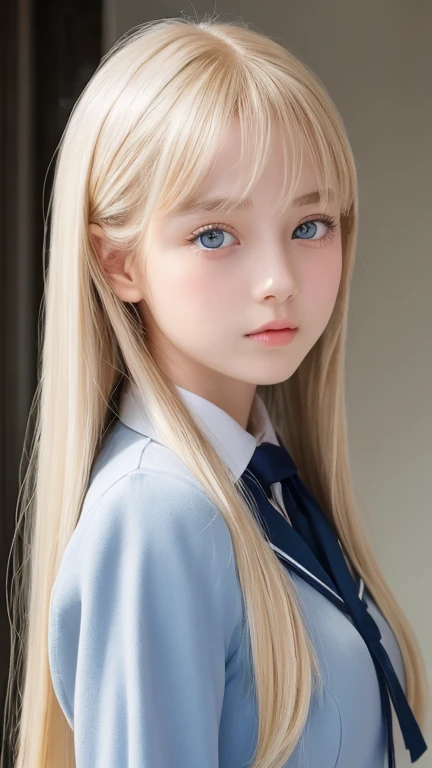 Portrait、school uniform、shy and bright look、ponytail、Young, shiny, white and bright skin、best beauty、The reflected light of blonde hair changes depending on the light source、super long hair、Platinum blonde hair with dazzling highlights、Shiny and bright blonde hair、super long silky straight hair、small face beauty、Shining beautiful bangs、Very beautiful, shining, clear, big light blue eyes、very big eyes、very beautiful lovely cute 16 year old girl、rich bust、round face