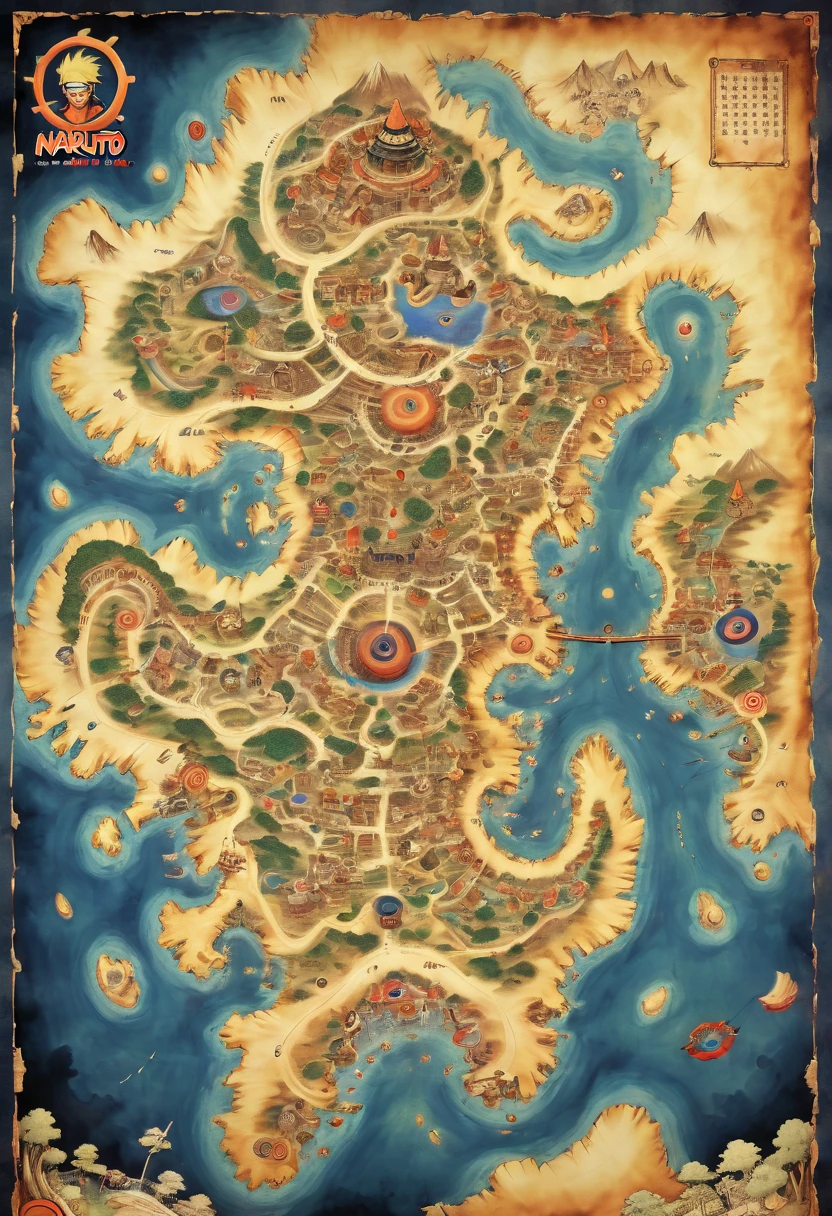 a Map of "NARUTO", by Leonardo, parchment, fantasy art, panoramic, Ultra high saturation, (best quality, masterpiece, Representative work, official art, Professional, 8k)