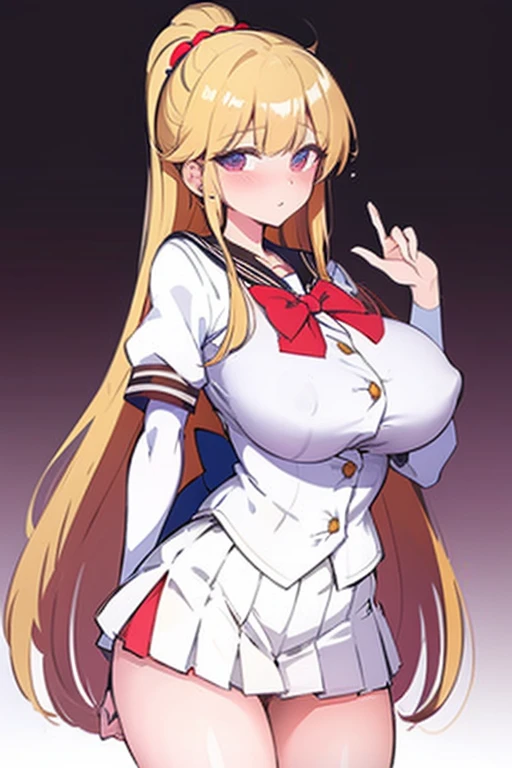 elite school uniform is sheer, button gap,red white gold uniform,(button gap:1.5), white skirt, white top, red ribbon, golden buttons, golden shoulder pats, young adult, 19 years, brown long hair, brown eyes, beautiful brown eyes, big breast, striking body curves, horny smile, pink lips, tiny girl, cute pose, masterpiece, classroom background, school