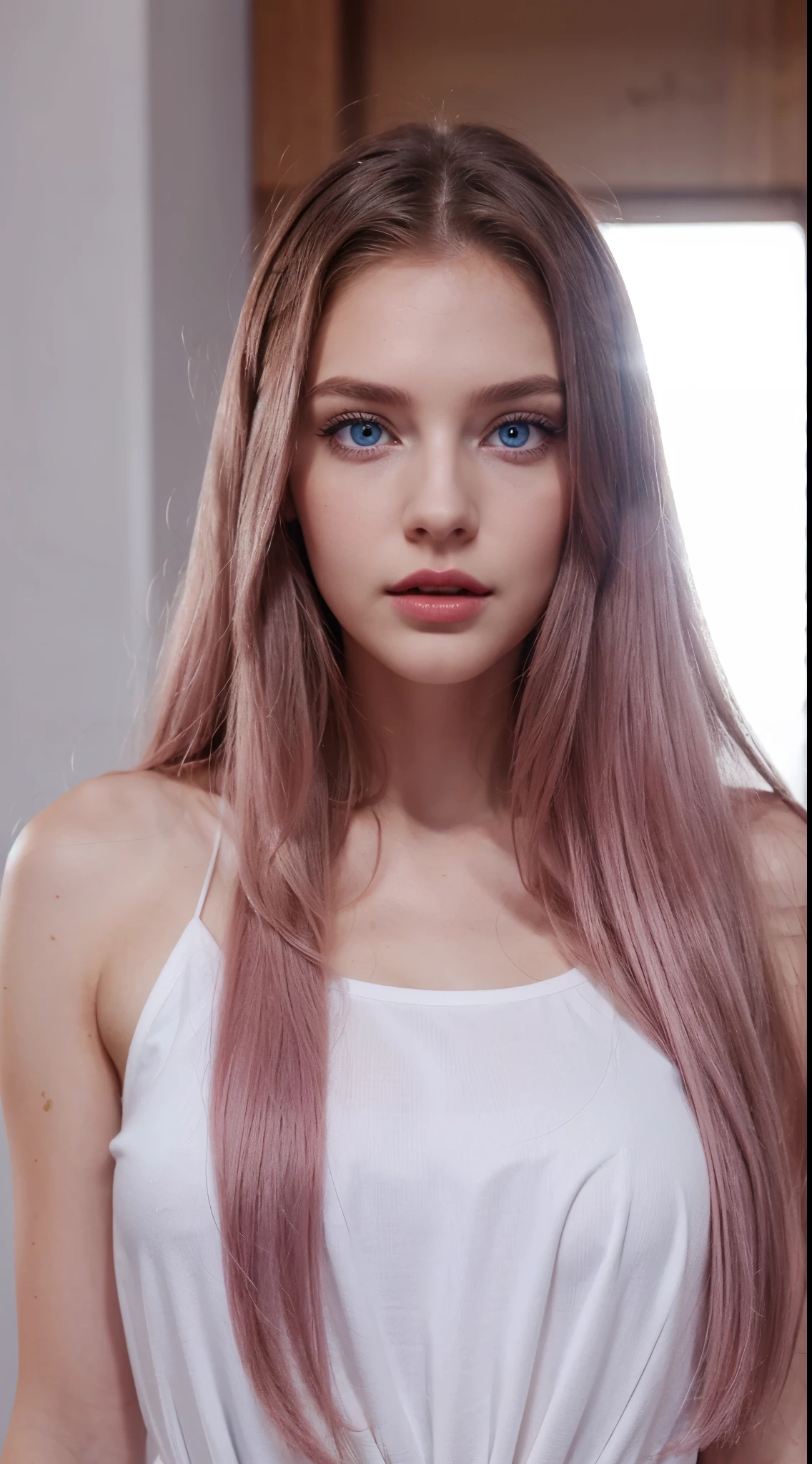 High-quality pure white face, high-quality blue eyes, high-quality pink giant long hair, high-quality red lips