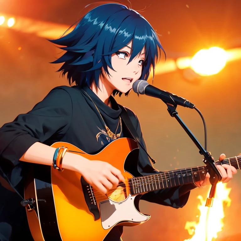 anime illustration、A woman who burns in battle、Playing acoustic guitar、Short hair with calm color、orange layer on the side of the hair、black clothes、He has a blue bracelet on his left hand.、