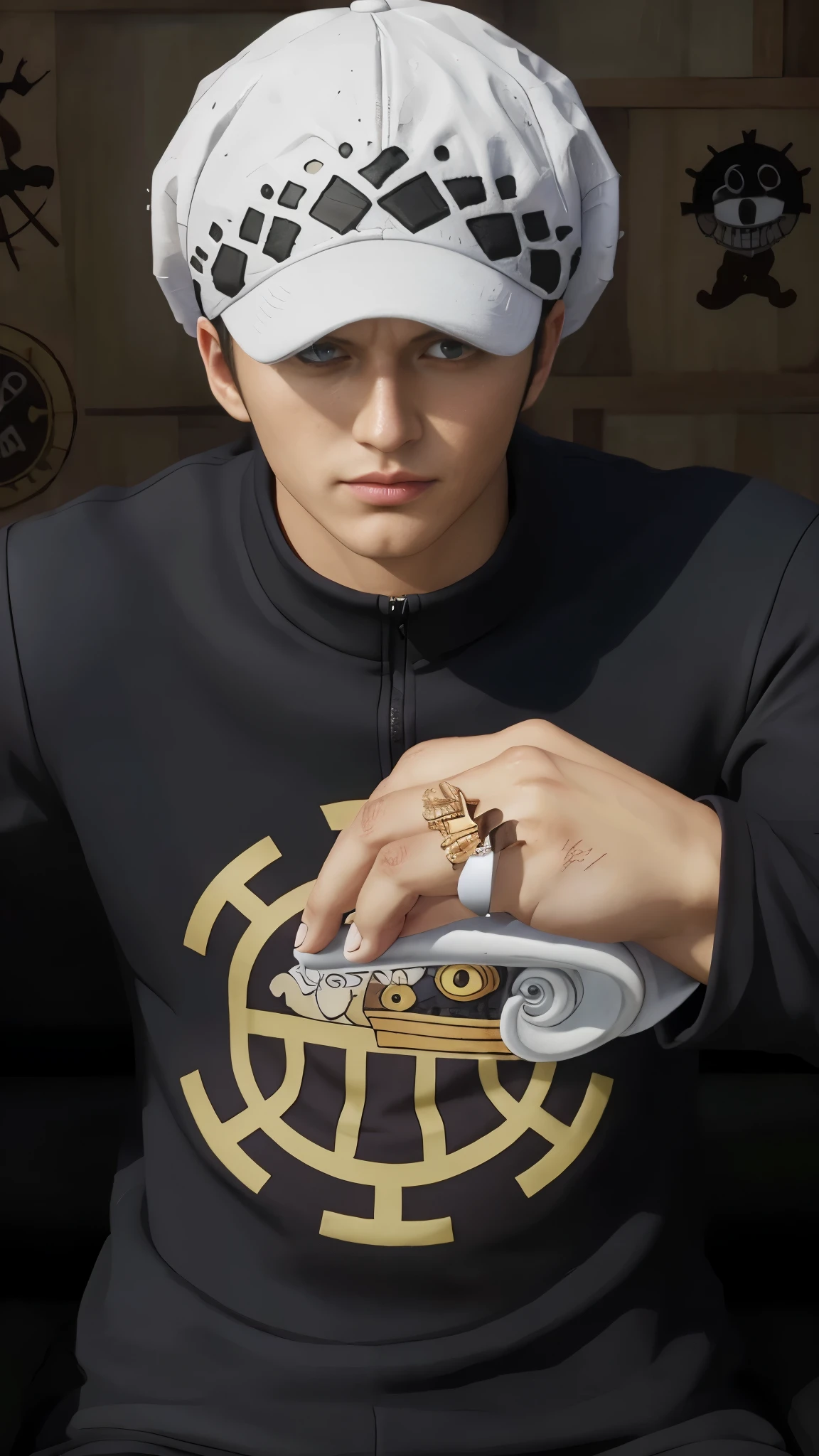 (masterpiece), (realistic), (ultra detailed), ( high reest quality), (photorealistic), (perfect face), (perfect anatomy), man, male, solo, muscular, (((20 years old))), Trafalgar D. Water Law from one piece, Trafalgar D. Water Law, one piece, (((detailed fingers))), (((detailed hands)))