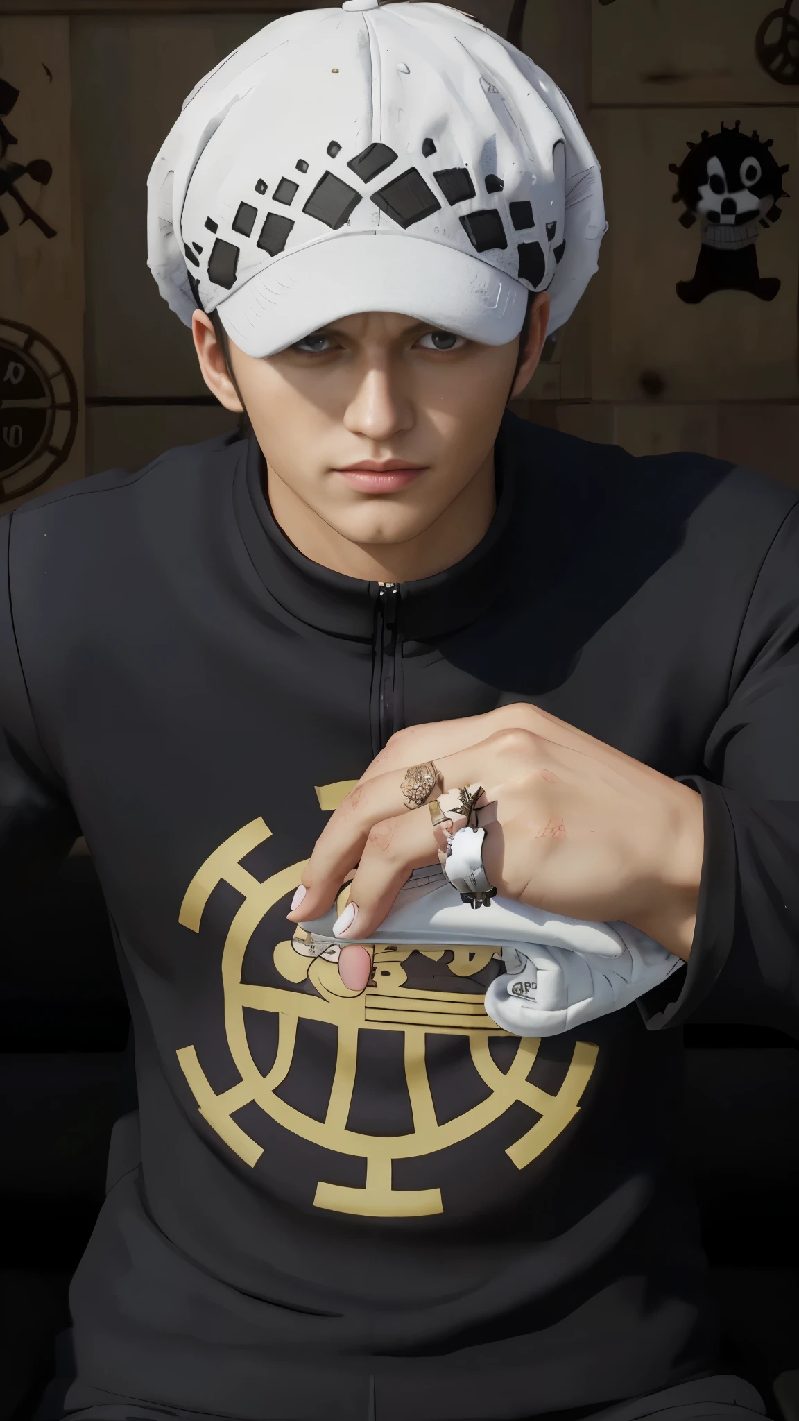 (masterpiece), (realistic), (ultra detailed), ( high reest quality), (photorealistic), (perfect face), (perfect anatomy), man, male, solo, muscular, (((20 years old))), Trafalgar D. Water Law from one piece, Trafalgar D. Water Law, one piece, (((detailed fingers))), (((detailed hands)))