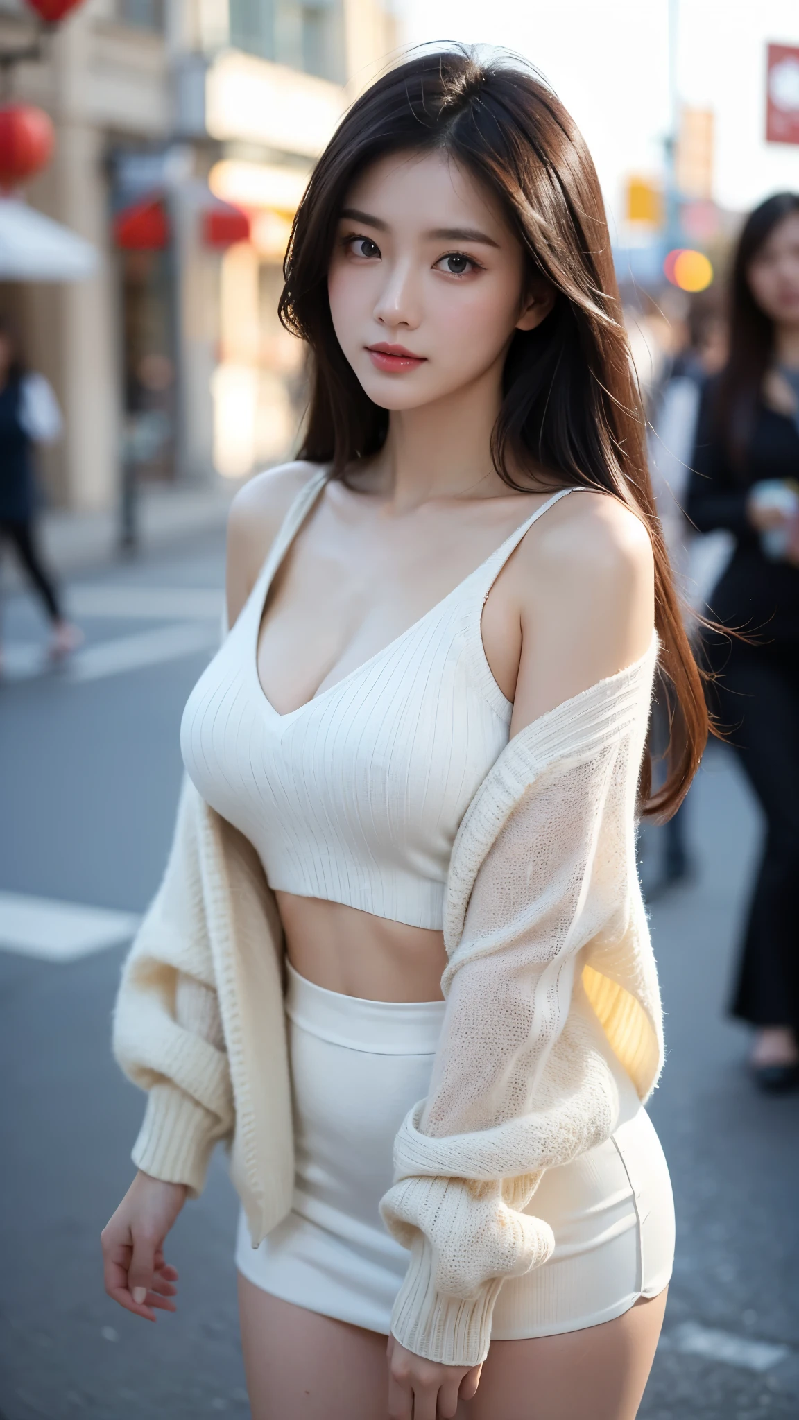 high resolution, High level of image quality, high detail, ​Masterpiece, textured skin, anatomically correct, sharp, street view((China mature, 30 years old)), solo, ((There are wrinkles on the face)), Big chest and good figure, Shoulder-length light brown straight hair, thick chubby body (((pass upright, Face the center of the screen.))), Singing，eyes looking at the lens, Sweater skirts