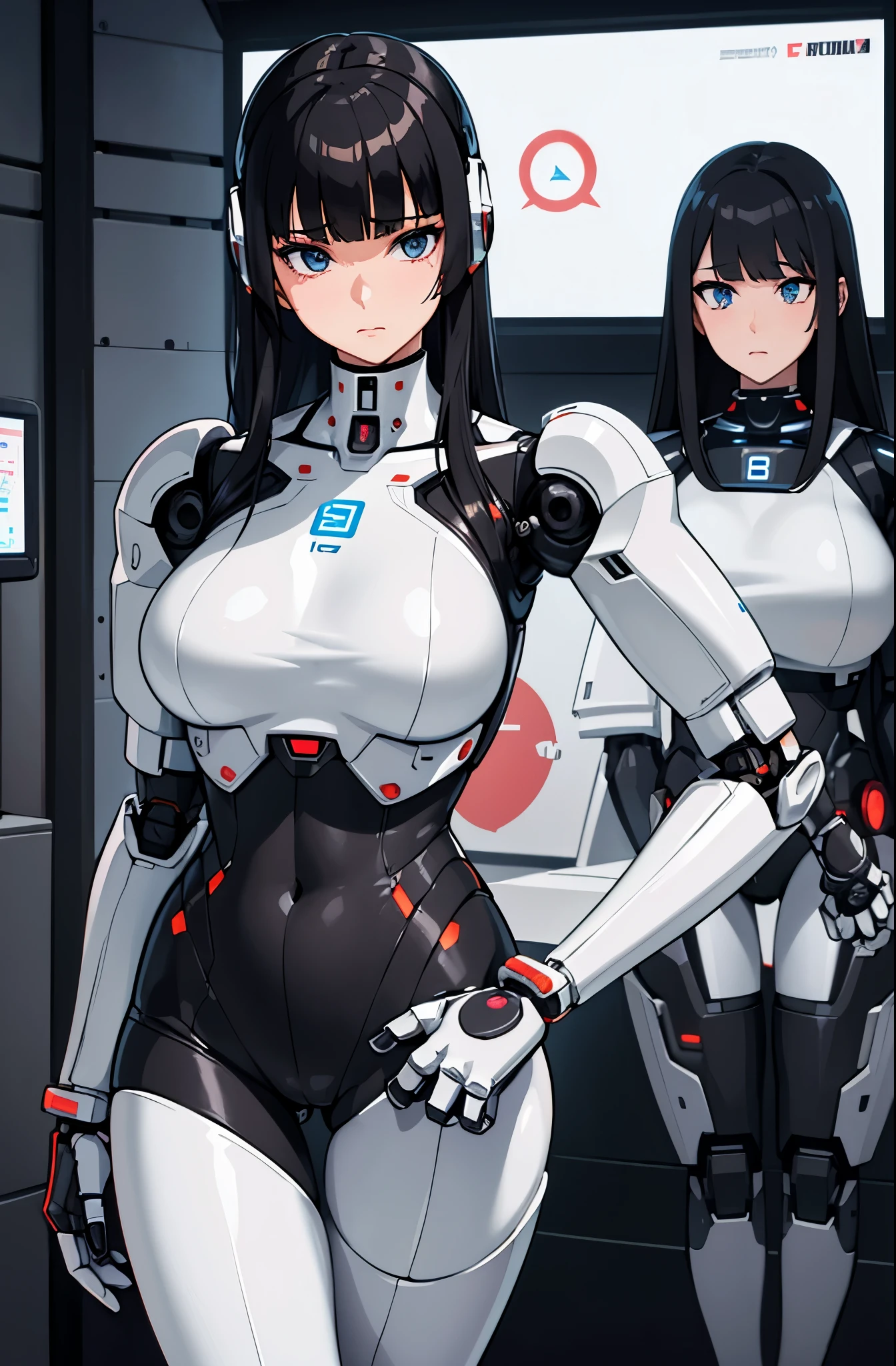 masterpiece, best quality, Japaese Cyborg Girl,Plump , announcer,control panels,android,Droid,Mechanical Hand, ,clothes with a sense of mechanical technology, Robot arms and legs, Black Robot Parts,Black hair,Mechanical body,Blunt bangs,White abdomen,White robotics parts,tube dress,perfect robot woman,perfect android woman, perfect mechanical woman,future laboratory,android factory,cyborg factory,robot factory,cyber pank,charging spot,long tube,thick cable connected her neck,bowing,maintainance her,repaired her,full eyes,dark black tights,a bit chubby