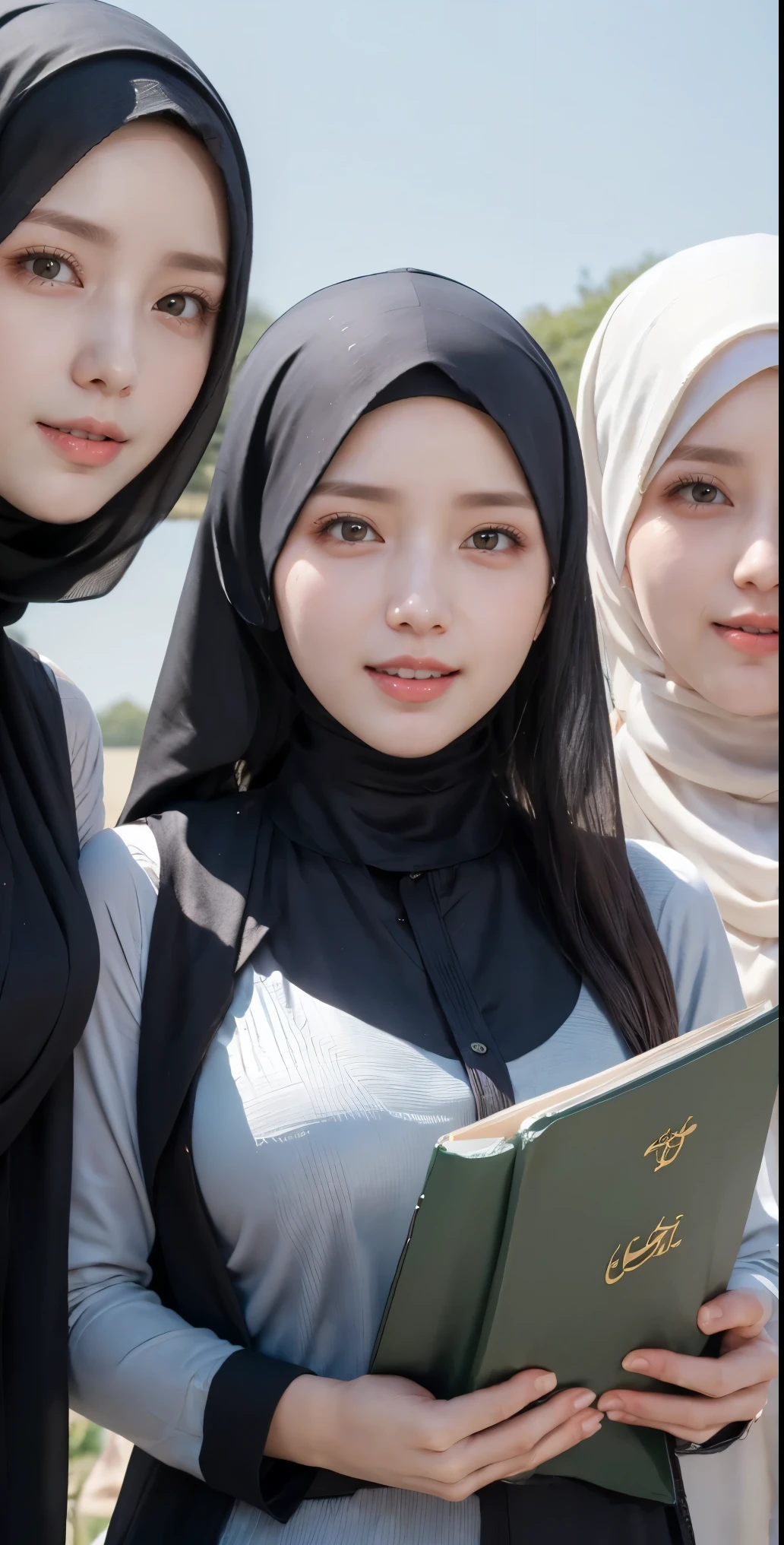 masutepiece, Best Quality, Illustration, Ultra-detailed, finely detail, hight resolution, 8K Wallpaper, Perfect dynamic composition, Multiple people,hijab, smile lips, (3 girls taking photos), Girls holding book muslim big, Beautiful detailed eyes, Natural Lip, Wear hijab moslem, Muslim gamis clothing, fancy jubba thobbe, photo full body, (close-up photo), view of the blue sky, close-up photo, looking to the side was laughing, Girls holding book muslim big, show your big tits, people hijab, all the girls were holding big book muslim