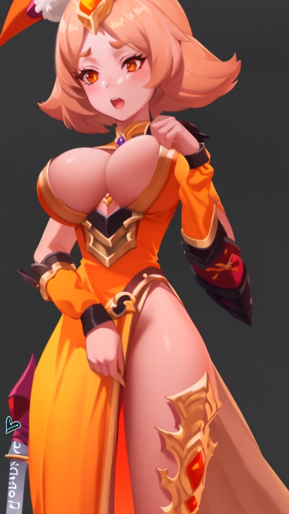 A person wearing a skirt、Close-up of a woman holding a sword, Powerful busty witch, Severely blurry jpeg artifacts, A peach as juicy as a human, Succubus in tight skirt, extremely fine skin, fluffy orange skin, Purple skin under the armor, smooth skin, close-up character, A female character, Wow 4K details are amazing