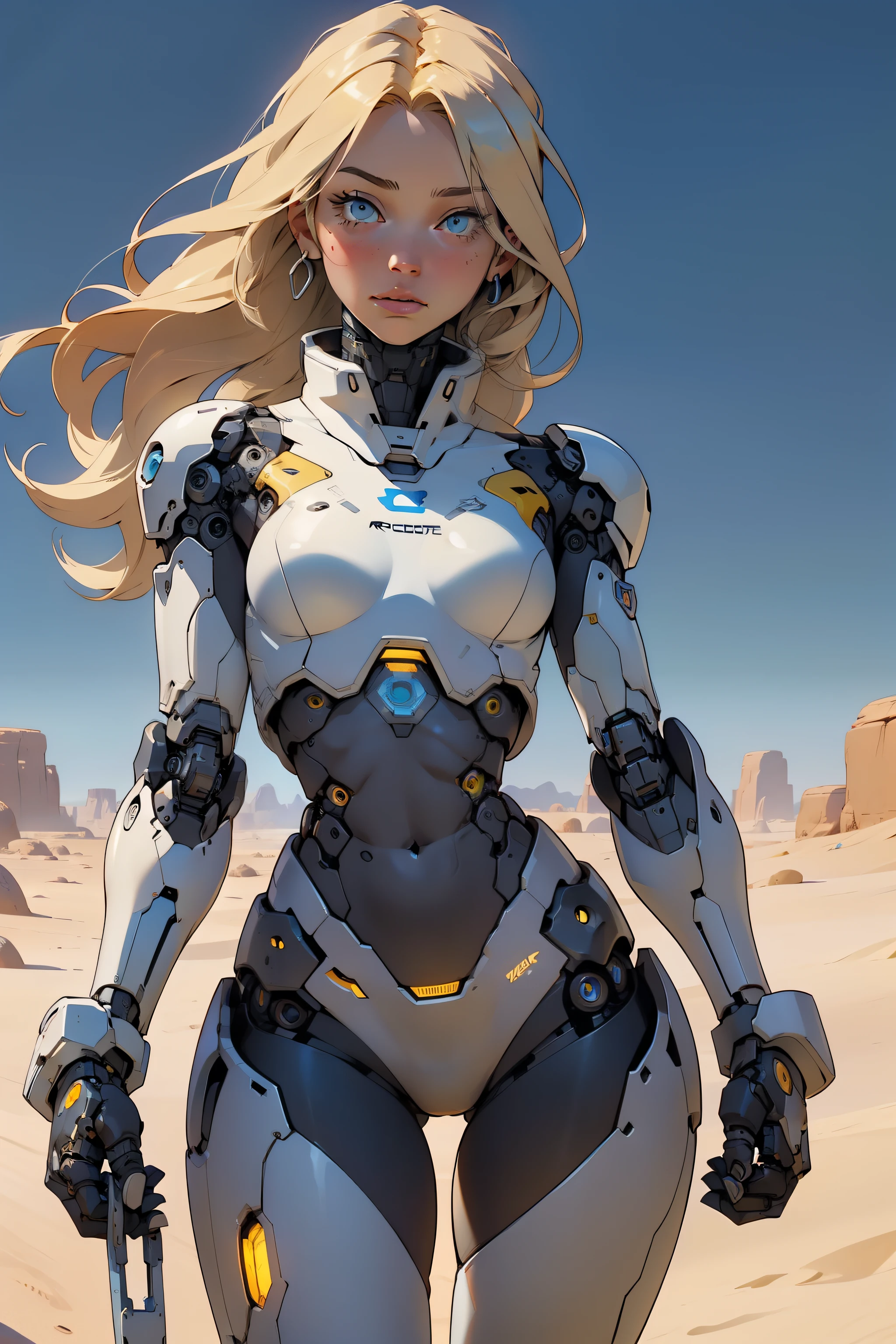 high quality, 4k, masterpiece, beautiful, cyborg girl, cowboy shot, dull eyes, looking at viewer, long blonde hair, girl, small breasts, fit thigh, robotic arms, robotic body, cyborg body, yellow accent, intricate detail, joint, detailed lines, robotic detail, holding fist up, holding hand up as fist, color robotic parts, robotic parts with color, perfect fingers, on a desert planet, sunny background, colorful desert,
