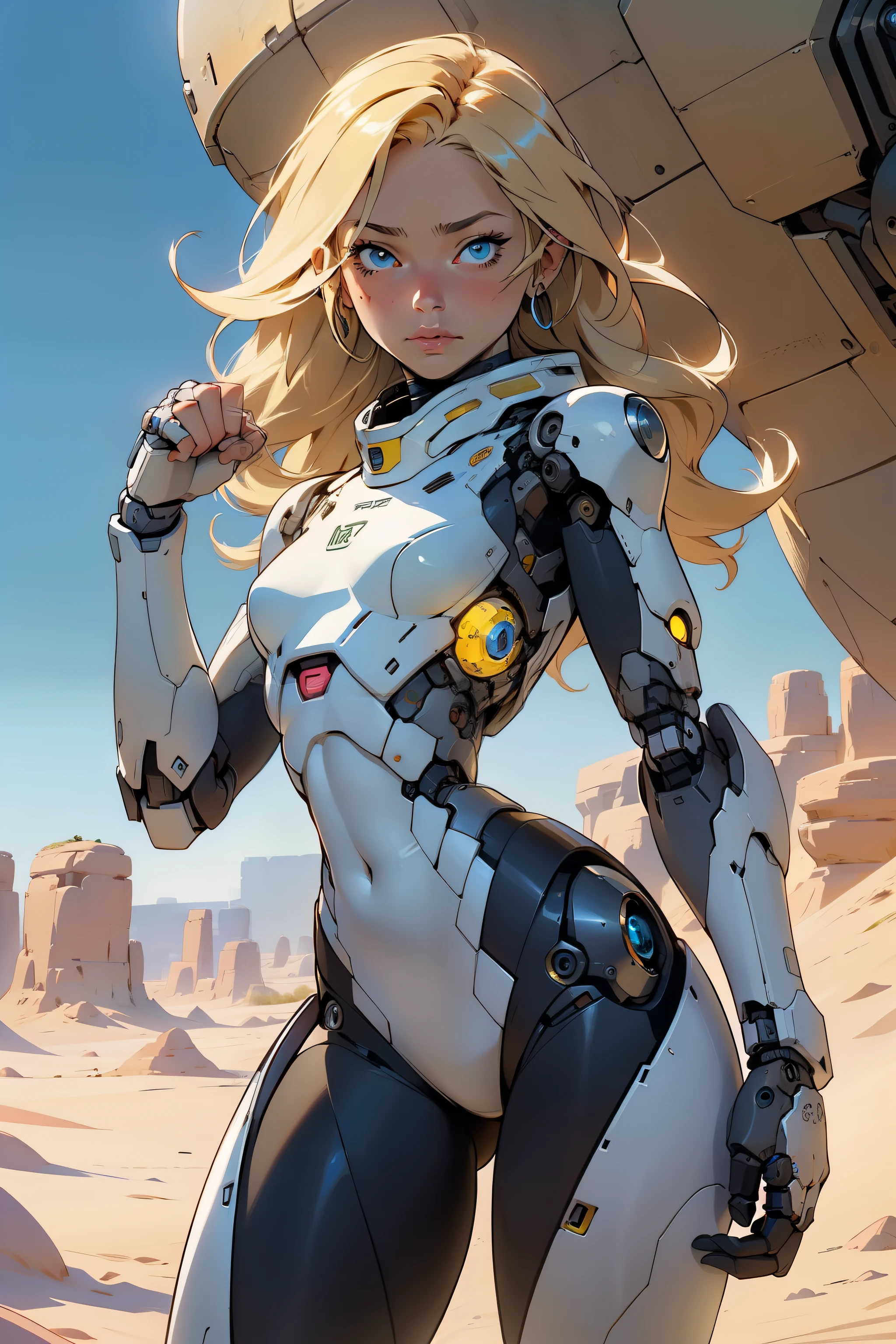 high quality, 4k, masterpiece, beautiful, cyborg girl, cowboy shot, dull eyes, looking at viewer, long blonde hair, girl, small breasts, fit thigh, robotic arms, robotic body, cyborg body, yellow accent, intricate detail, joint, detailed lines, robotic detail, holding fist up, holding hand up as fist, color robotic parts, robotic parts with color, perfect fingers, on a desert planet, sunny background, colorful desert,