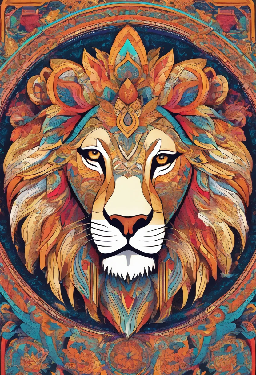 (Bright colors,lion:1.1,lion MANDALA),(Detailed mandala design),(symmetry),(complicated pattern),(geometric shapes),(thick line),(bright colors),(Religious symbols),(spiritual themes)