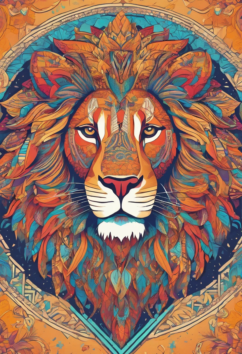 (Bright colors,lion:1.1,lion MANDALA),(Detailed mandala design),(symmetry),(complicated pattern),(geometric shapes),(thick line),(bright colors),(Religious symbols),(spiritual themes)