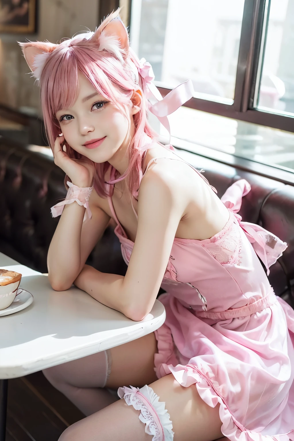 (8K, top-quality, masterpiece:1,2), (reallistic, Photorealsitic:1.37), Super Detail, One girl,), (Highly detailed), (beautifully detailed eyes), (of the highest quality), (super detailed ), (masterpiece), (Detailed face),20yr old, ,1 girl, ((pink hair,Very short hair)), medium breasts, clothed, Perfect Lighting, (cat ears:1.5), (pink lace dress:1.4), (flared silhouette:1.3), cat embroidery on hem, white lace socks, (pink ribbon ballet shoes:1.5), white cat tail,BREAK bangs on right side, cat ear on left side, smiling, showing teeth, making cat pose with both hands, (cafe interior:1.4), cat pictures and posters on wall, cup and cake on table, bright light from window, natural and artificial light balance