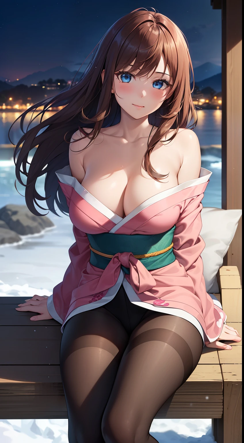 ((masterpiece, best quality, high resolution, ultra high definition, Pixel perfect, depth of field, 4K, RTX, human development report))), 1girl in, single, alone, Beauty、see whole body、 ((Long hair to waist, Short Liuhai, reddish brown hair)), ((blue eyes, beautiful eyelashes, realistic eyes)), ((Detailed face, blush:1.2)), ((smooth texture:0.75, lifelike质感:0.65, lifelike:1.1, Anime CG style)), medium breasts, Perfect body, ((Pink Japanese kimono, bare shoulders ,Black tights)), A confident smile, Sitting sideways on a chair, Look down from above、(The wind is strong and blows my hair,exposed thighs、Black tights) , Night view hot spring,Snowy nights