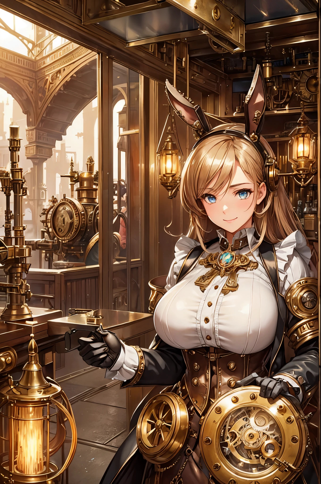 (High quality, High resolution, Fine details), woman with rabbit ears, steampunk, mechanical goggles, metallic clothing, gear accessories, mechanical cogwheels, vintage machinery, brass accents, copper tones, soft lighting, ornate details, grandiose architecture, victorian era influences, vintage sepia tones, Aerial Steamship in the sky, magical steam-powered contraptions, mechanical clockwork, ethereal glow, airship flying overhead, charming cobblestone streets, industrial revolution aesthetics, meticulously styled hairstyles, elaborate top hats, beautifully textured fabrics, steampunk gadgetry, solo, curvy women, blond hair, sparkling eyes, (Detailed eyes:1.2), smile, Oily skin, shallow depth of field