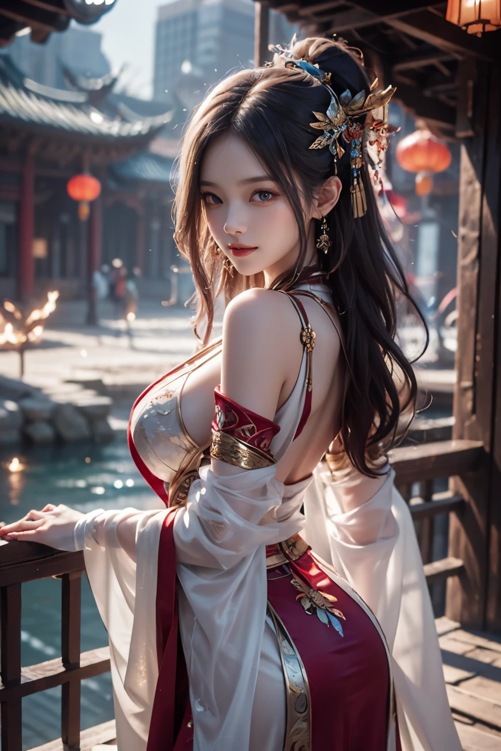 8k, masterpiece, RAW photo, best quality, photorealistic, extremely detailed CG unity 8k wallpaper, Depth of field, Cinematic Light, Lens Flare, Ray tracing, (extremely beautiful face, beautiful lips, beautiful eyes), intricate detail face, ((ultra detailed skin)) , pretty asian girl, ((looking at viewer)),(big smile), (blurry background), midnight, (pretty girl), earrings, bracelets, necklace, clear eyes, (pale skin), face forward, (big eyes), (looking at viewer), large breasts ,((smile)), blue eyes, sparkling dress, open breast, veranda, very slim, (medium butt), see through dress, thick thighs, open breast
Ancient Chinese architecture，National style beautiful girl，Wear revealing Hanfu，Simple clothing， Minimalist style，Mixed Chinese and American races，The background is blurred out，focal，电影灯光， Seven-doppelganger shot，(((tmasterpiece))), ((best qualtiy)), ((Complex and detailed)), ((ultra-realistic realism)), Ridiculous resolution, A MILF, Mature woman, ssee-through, highly detailed, illustratio, 1girll, (mediuml breasts), Thin waist and thick hips，long leges，beatiful detailed eyes, short detailed hair, brunette color hair, a purple eye, blackstockings，lacy clothing，Skirt that wraps hips，tightsuit，with faintly visible，Cool clothing，The body proportions are perfect，（No underwear），pantiess, detailed back ground, perfect eyes, Seductive eye, （nice hand），Detail hands，looking at viewert，From the front，Wear light，juicy legs，deep v big breasts，
