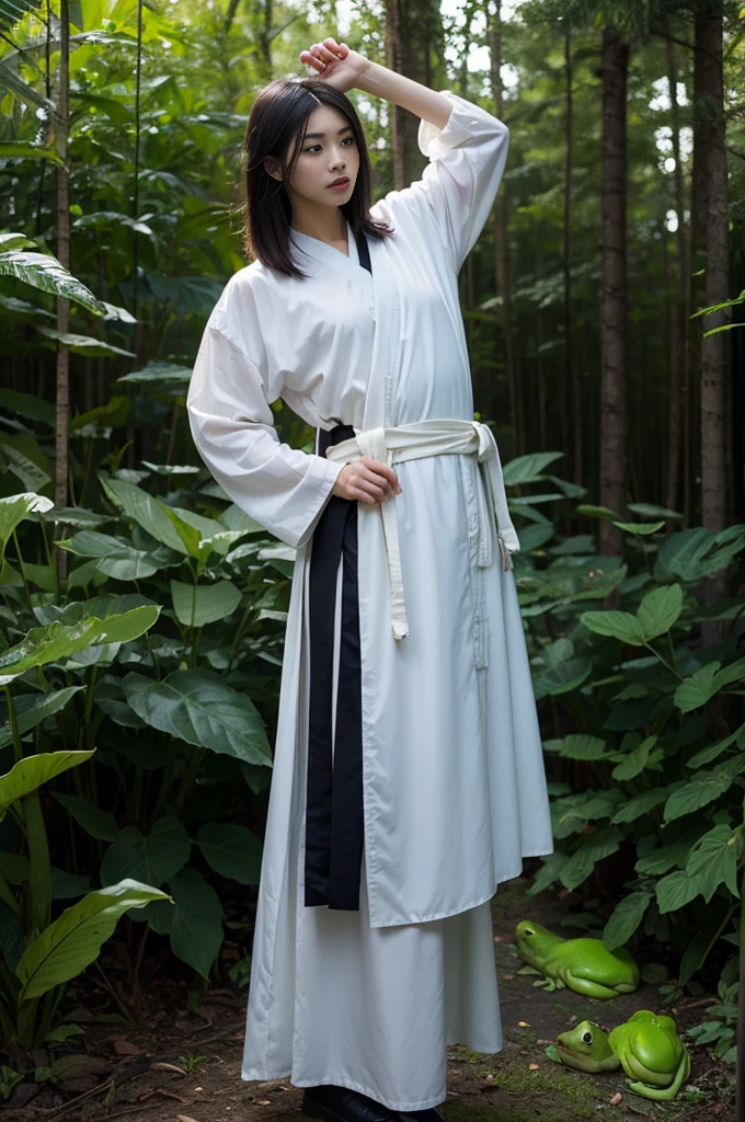 Porcelain style,medium shot , Taoist Ninja, Man holding a katana stands in front of a giant transparent green frog,stretch out your hands,long black hair, forest, vegetation, glow effect,surreal,Super real photos,Chinese black and white ink style,speak,discoloration,soil,Inky,8k,Super fine,high quality,Overclocked renderer