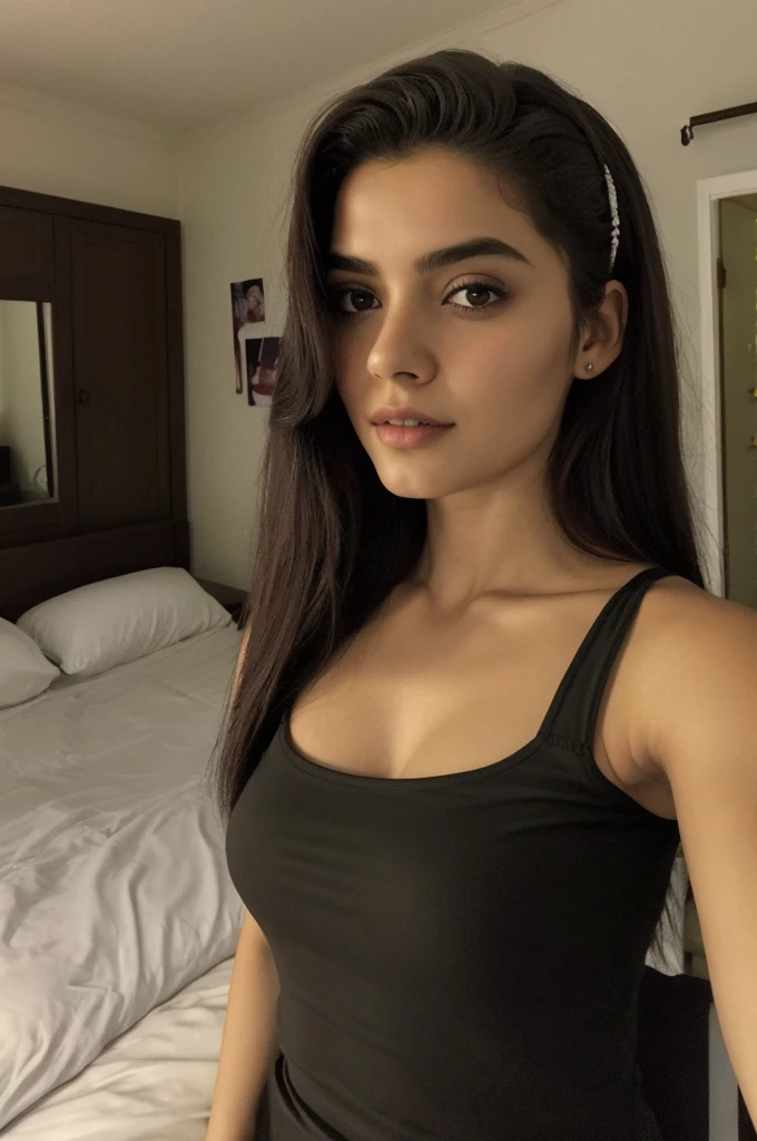 1 garota em, 19 anos, Sozinho, Aesthetic art, Irish, cabelo ruivo ondulado, Hair to the shoulders, olhos cinzentos, olhos cinza claro, pale skin, Um copo, seios pequenos, corpo de corredor, (Pele texturizada, poros da pele:1.1), arrepio, tirando uma selfie na cama durante a noite, luz baixa, Poor lighting