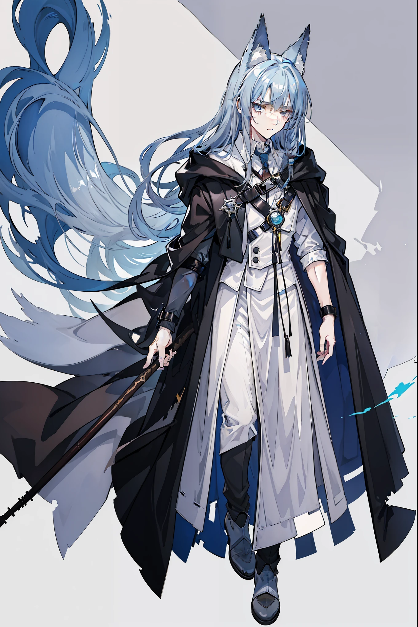 (masterpiece), best quality, expressive eyes, perfect face, 1boy, soght shade hair, fox tail, blue grey hair, fox boy, fox guy, kemonomimi, young male, young boy, fox ears, light blue grey hair, lavender mist color hair and tail, pale blue hair, bluish cyan hair), azure eyes with yellow under shade, yellow eye highlights, azure eyes, (leather robe, brown cape, dark hood), (kid, 17 year old, scared, trauma, afraid, young man), (minimal accessories, satchel, sling bag), staff, spellcasting staff, short young boy, young boy, traumatized, scared and hiding, hiding, poor, ragged clothes, scratched clothing, scared, poor clothing, not rich, basic clothing, short bangs, big eyes, dark brown robe, brown pants, rope tied, fox tail, scared, young face, eyebags, black pants ,full body