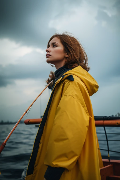 (masterpiece:1.2), highest quality, Photo of beautiful female fisherman, Ginger Hair, 40 years old, wearing yellow raincoat, (By fishing boat:1.3), dark clouds, Photorealistic, Hyperrealistic, very detailed, analog style, hip cock, modest, low cut, fine skin, matte skin, soft lighting, Scattered beneath the surface, realistic, heavy shadow, masterpiece, highest quality, ultra realistic, 8K, golden ratio, Complex, high detail, film photography, soft focus