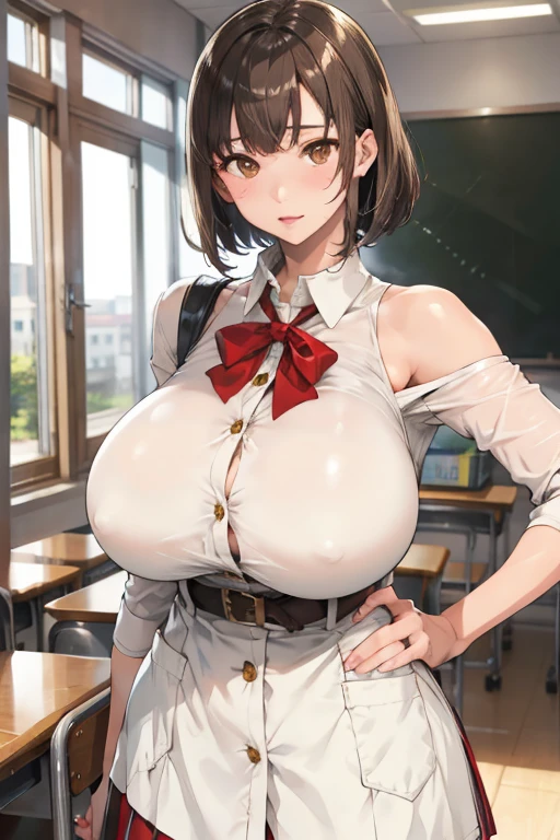 loose school uniform is sheer, button gap,(covered nipples:0.9),breasts,red white gold uniform,(button gap:1.5), white skirt, white top, red ribbon, golden buttons, golden shoulder pats, young adult, 19 years, brown bobcut hair, brown eyes, beautiful brown eyes, big breast, striking body curves, horny smile, pink lips,  girl, cute pose, masterpiece, classroom background, school