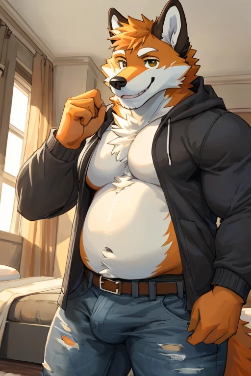 vibrant colors, line art, wearing hoodie, stripe pattern, ((detailed room)), indoors, masterpiece, best quality, ultra detailed, 8k, digital painting \(artwork\), POV, close-up, ultra detailed, sharp, focus, male, anthro, Orange Fox, furry, standing up, smiling, canine teeth, excited expression, facing viewer, slightly chubby, musclegut, muscular arms, attractive, sexy, hairy, hot, detailed fur, orange and white fur, detailed hands, detailed eyes, detailed face, abs, six pack, pecs, wearing pants, black belt, denim jeans, ripped, bulge, detailed crotch