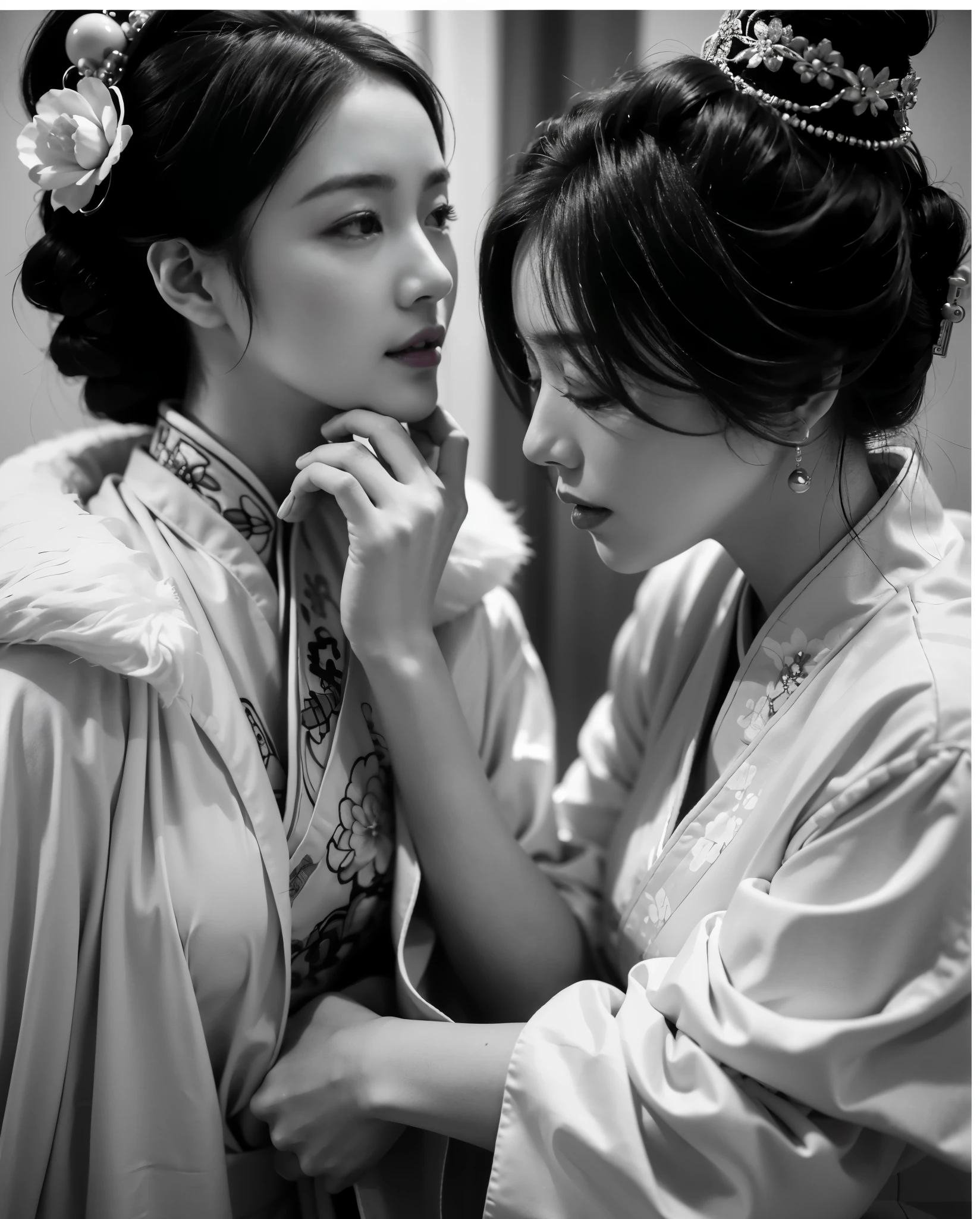 A woman wearing a white robe and another woman wearing a white dress are the main subjects of the artwork. The women are dressed in traditional Chinese clothing, specifically Hanfu, which is known for its elegance and grace. The woman in the white robe represents the Chinese empress, while the woman in the white dress represents a noble lady. Both are inspired by the beauty of Empress Dowager Cixi, a powerful figure in Chinese history.

The artwork is heavily influenced by traditional Chinese art and photography. The composition and style draw inspiration from the works of renowned Chinese painter Qiu Ying. The intricate details and delicate brushwork aim to capture the essence of Chinese heritage and culture.

The color palette is rich and vibrant, emphasizing traditional Chinese colors such as red, gold, and blue. These colors symbolize prosperity, wealth, and nobility in Chinese culture. The use of soft, warm lighting creates a warm and inviting atmosphere, highlighting the beauty and elegance of the women.

To ensure the highest quality and realism in the artwork, it should be described as "(best quality, 4k, 8k, highres, masterpiece:1.2), ultra-detailed, (realistic, photorealistic, photo-realistic:1.37)". The level of detail and realism should be emphasized, showcasing the skill and professionalism of the artist.

Overall, the prompt should be concise and descriptive, capturing the essence of the scene while incorporating the requested details.