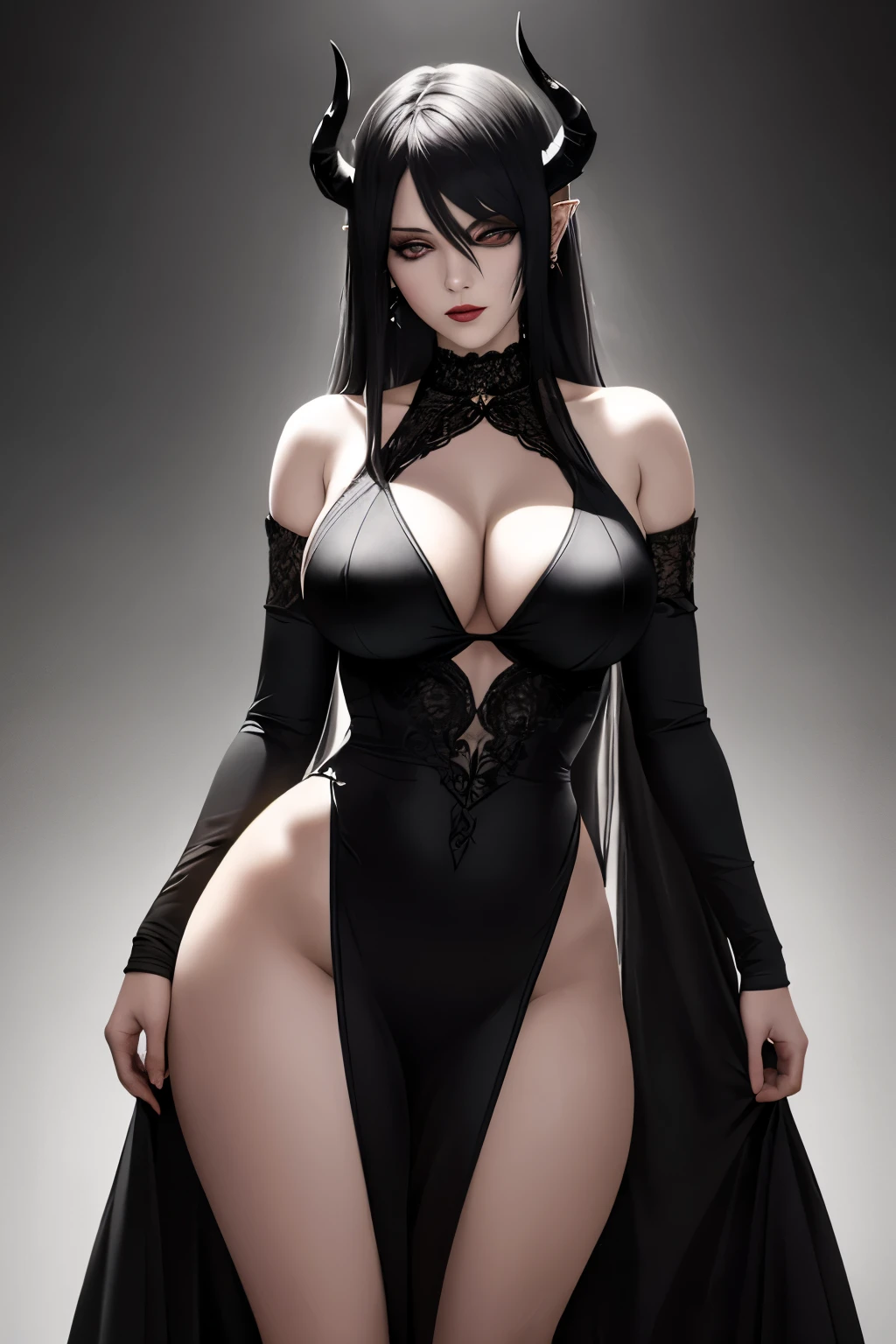 (obra de arte, Foto-realista, high resolution:1.3), a captivating demoness with (chifres pretos elegantes:1.2) bowing gracefully from your head, hipnotizante (bright red e sparkling eyes:1.4) exuding an alluring e seductive gaze. Your body is perfectly sculpted, gabar-se (ample e shapely bosom:1.2), a (cintura fina:1.2), e (curvy hips:1.2) that exude a sense of otherworldly allure. delicado, mas poderoso, showing your ethereal nature. The setting is a desolate e gray le, depicting a barren e gloomy environment, emphasizing the strong presence of the demon. The atmosphere is charged with an air of mystery e intrigue, as she stes tall e confident in her demonic beauty. Her attire is both alluring e fierce, a blend of elegant e dark elements. a (flowing black gown:1.1) clings to your perfect shape, accentuating your curves while maintaining an aura of mystique. Fios sutis de (Faded aura:1.1) Fence, emphasizing his demonic nature. The overall composition exudes a sense of (Magnetic charm:1.2) with the devil as the focal point, atraindo o espectador para seu mundo cativante. The intricate details e lighting bring out the full allure of this beautiful e enigmatic demoness, seus cabelos longos e pretos compridos, olhos vermelhos .