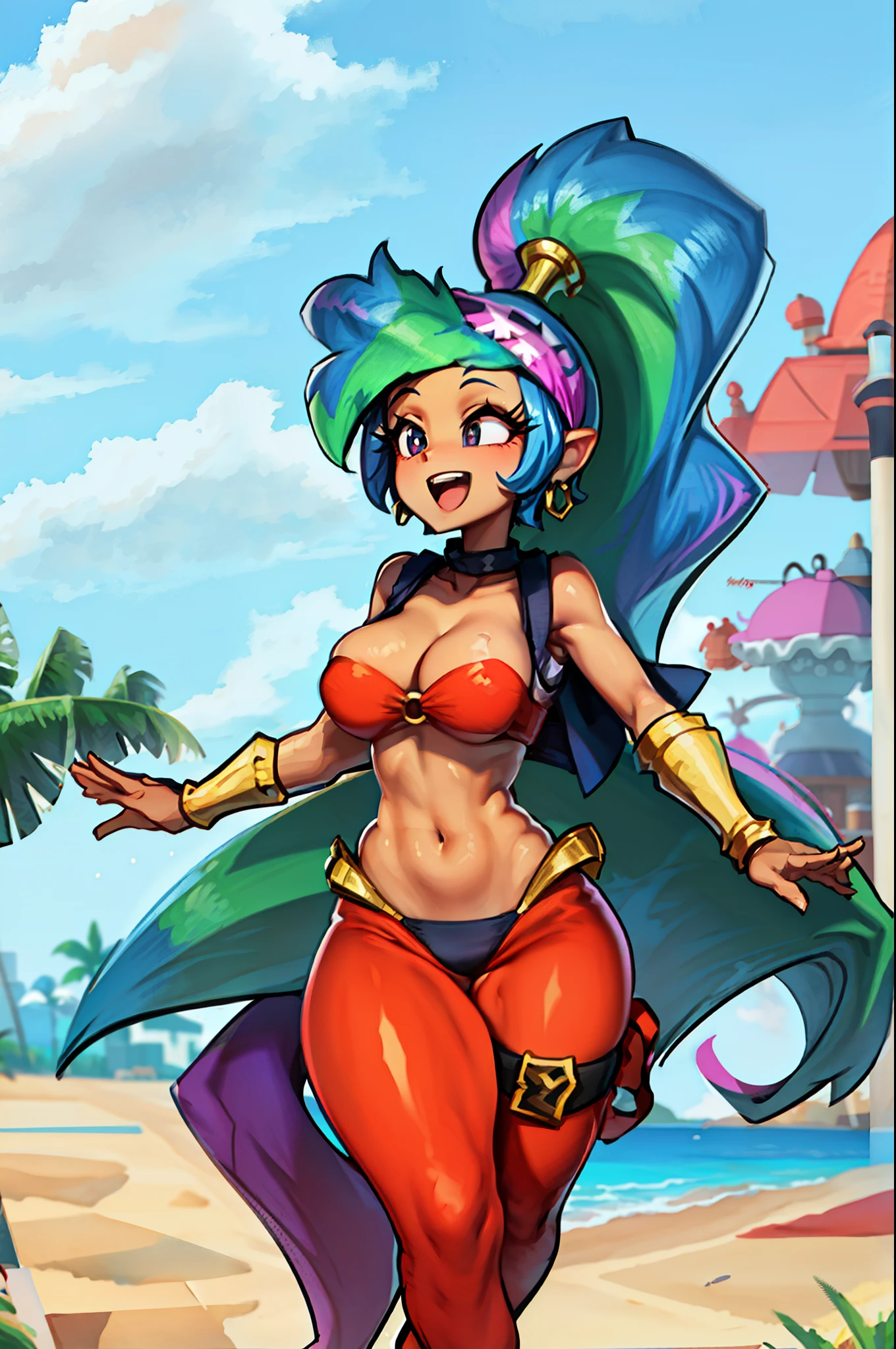 (from front), walking princess_celestia, looking away, scene is royal chamber, masterpiece, best quality, 1girl, solo, one eye closed, smile, navel, dark skin, dark-skinned female, long hair, jewelry, open mouth, earrings, beach, very long hair, ;d, outdoors, harem pants, looking at viewer, pants, cleavage, o-ring, arm up, large breasts, choker, vest, o-ring top, ponytail, red footwear, bandana, stomach, midriff, high ponytail, bracer, bare shoulders, collarbone, thigh strap, red pants, shoes, open vest, vest, 